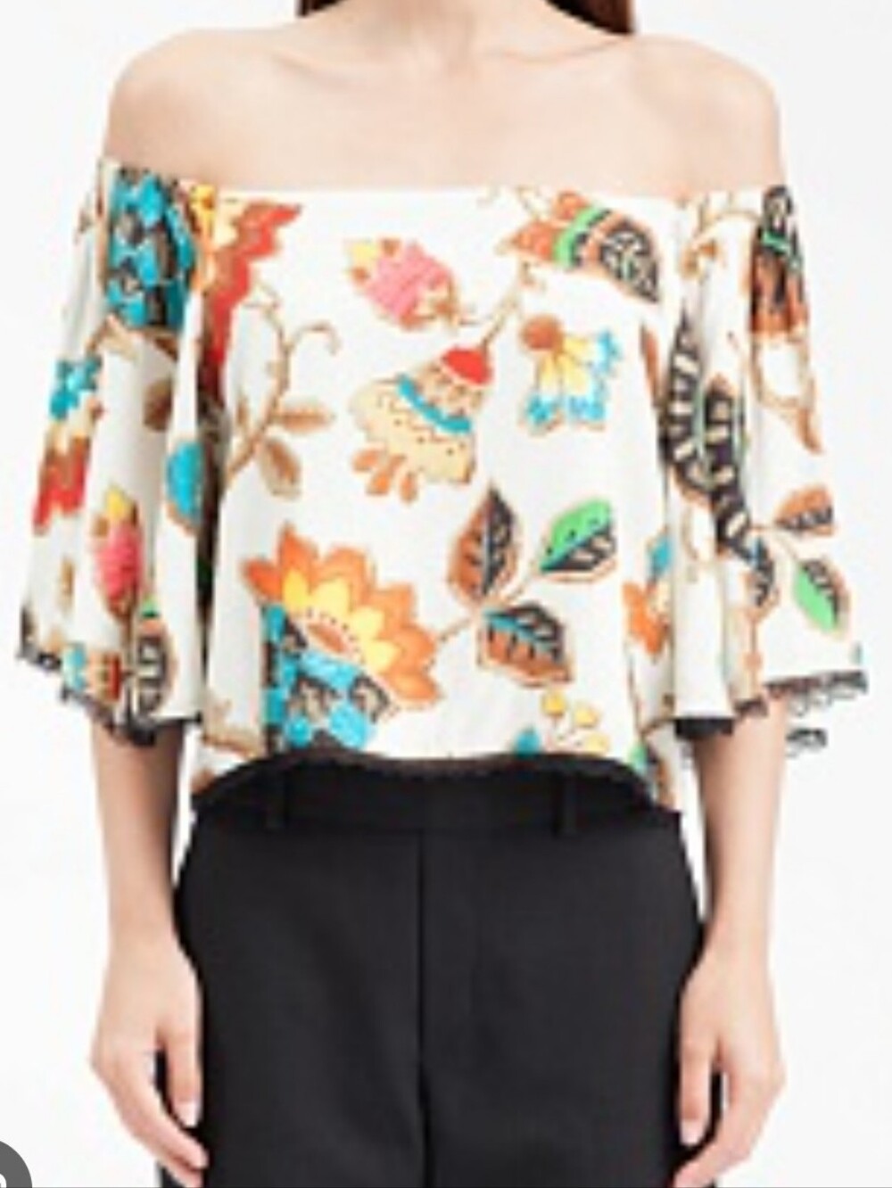 Alice + Olivia Off-the-Shoulder Floral Crop Top in White with Multicolor Print
